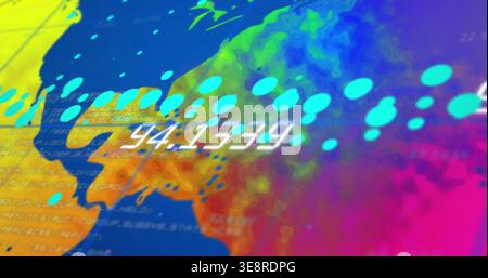 Displaying map blotch with gradient swirls on screen, showing cyan dots, blurred glyphs, code bands Stock Photo