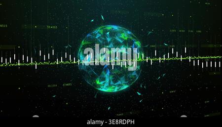 Glowing translucent globe floating in virtual dashboard, showing waveform, shards, numeric readouts Stock Photo