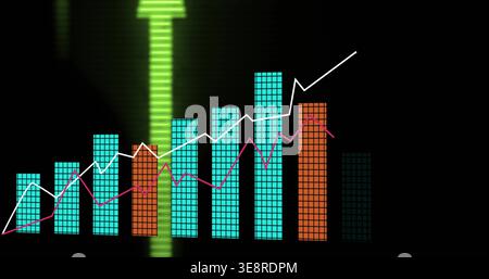 Displaying tiled cyan orange bars with white magenta lines on dark dashboard, glowing green arrow Stock Photo