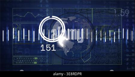 Showing central circular progress meter pulsing over dotted world map on navy HUD, displaying 151 Stock Photo