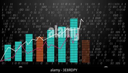 Displaying tiled bars showing teal or orange, white or purple lines, upward arrow, binary code dashb Stock Photo