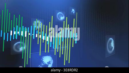 Displaying multicolor waveform rising across blue dashboard with white segment band and HUD panels Stock Photo