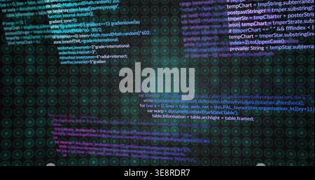 Displaying centered JS code block with concentric ring pattern, glowing and blurred bands on screen Stock Photo