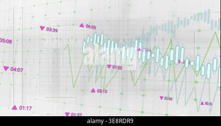 Displaying central pale-blue candles crossing bright green trend on dashboard, with magenta labels Stock Photo