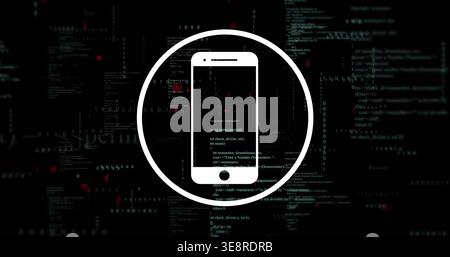 Displaying white phone icon inside bold round ring in dark code scene with binary, red dots Stock Photo