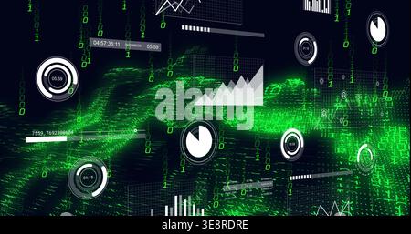 Streaming green waveform centered on dashboard with pie dial, showing binary digits Stock Photo