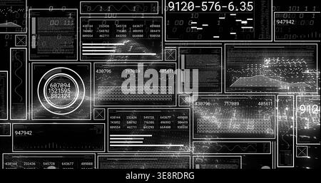 Displaying monochrome panels filling center, showing circular gauge, waveform plots data grids Stock Photo