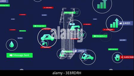 Displaying central wireframe on navy UI, visualizing metrics: car, droplet, CO2 tap, charts, badges Stock Photo