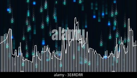 Displaying dashboard data panel, showing grey histogram with white line and falling binary digits Stock Photo