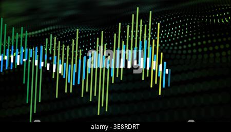 Displaying multicolored waveform forming vertical bars and blocks on dark dotted grid visualization Stock Photo