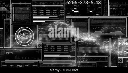 Displaying tiled dashboard cluster on dark field, showing circular gauge, numeric readouts, binary Stock Photo