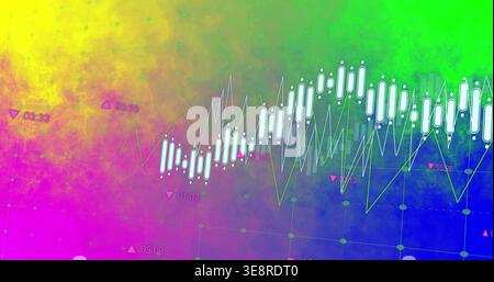 Displaying white candlestick bars, jagged line graphs, grid nodes and time labels on vivid gradient Stock Photo