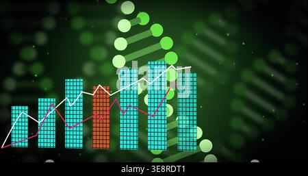 Displaying data chart combining teal grid bars orange bar, magenta and white lines over DNA helix Stock Photo