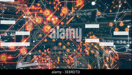 Showing PCB-style circuit plane glowing in digital HUD, with copper traces and glowing nodes Stock Photo