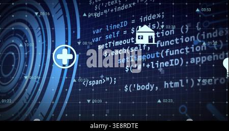 Displaying layered programming code and UI icons centered on dashboard showing radar plus home Stock Photo