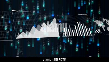 Floating translucent grid panels showing area, bar and line charts in cyberspace, streaming binary Stock Photo