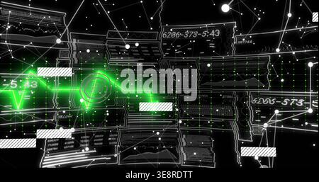Displaying neon green waveform moving across 3D dashboard, showing numeric panels and node lines Stock Photo