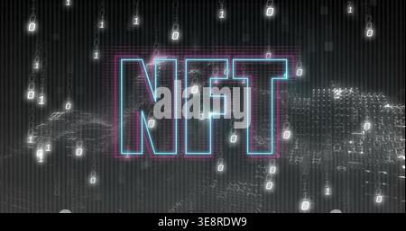 Glowing neon NFT letters pulsing on dark striped backdrop, with falling binary digits, data globes Stock Photo