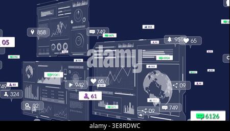 Displaying layered dashboard panels in control center showing charts globe notification badges Stock Photo