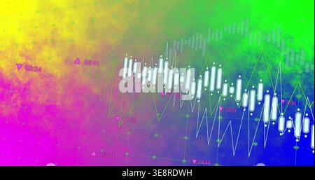 Displaying financial chart visual on multicolor gradient, with white candles and green line graphs Stock Photo