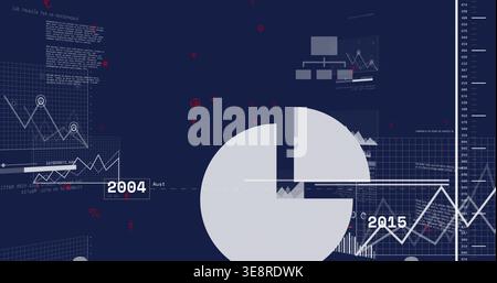 Displaying large pale-gray pie chart centered on navy dashboard, showing jagged line rising to 2015 Stock Photo