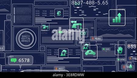 Displaying data dashboard centered on dark navy screen, showing panels, graphs, code, CO2 icons Stock Photo