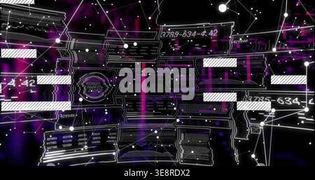 Floating data panels displaying numeric code, connecting nodes and magenta beams in virtual void Stock Photo