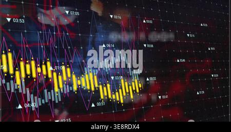 Displaying digital chart on dotted dark grid, with yellow candlesticks, magenta line, blue bars Stock Photo