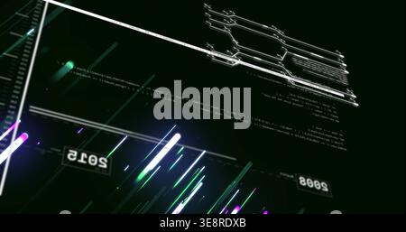 Displaying centered diagonal neon streaks crossing HUD, showing mirrored year labels and wireframe Stock Photo