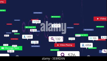 Displaying central cluster floating on dark navy canvas, with Message Sent tags and search icons Stock Photo