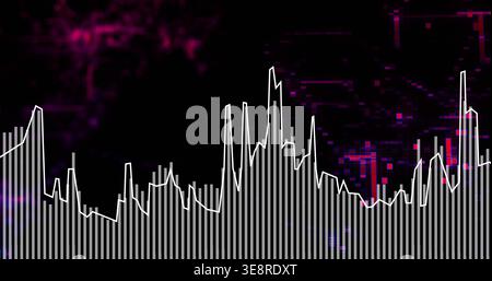 Displaying vertical bars pulsing on dark screen, tracing jagged white waveform, magenta or blue pixe Stock Photo