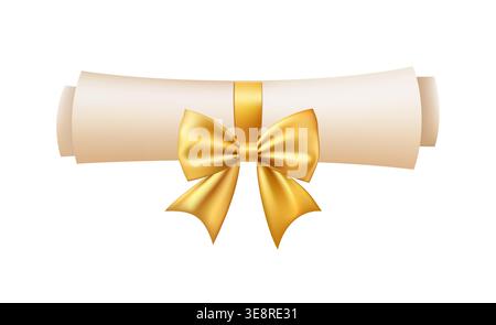 3d diploma scroll icon. Diploma with golden bow. Stock Vector