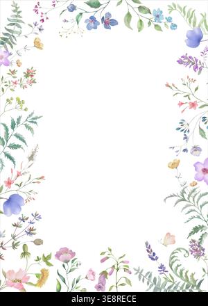 Watercolor wildflower floral frame, botanical border with hand painted garden flowers and leaves on white background. Stock Vector