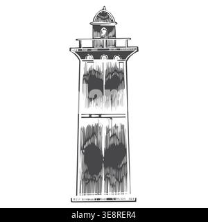 A hand-drawn vector ink drawing of a lighthouse. Sketch of a tall coastal navigation tower for nautical-themed decor, travel journals, and nautical Stock Vector