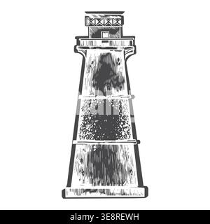 A hand-drawn coastal lighthouse in ink. Vector graphic illustration of a sea lighthouse for nautical design and concepts, printing on fabric and paper Stock Vector