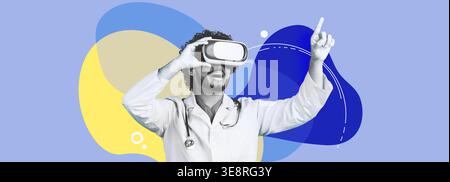 Indian Doctor Uses VR Goggles for Medical Testing on Blue Background in Web Banner Format Stock Photo