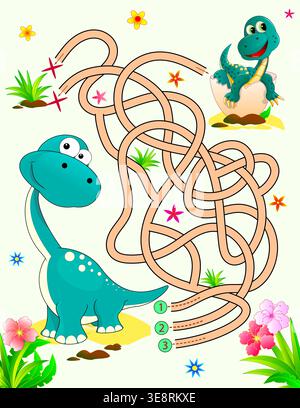 Two dinosaurs. A maze game for kids. Help one dinosaur find its way to the baby dinosaur hatched from its egg. Cute cartoon dinosaurs. Stock Vector