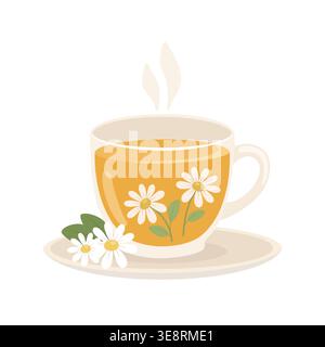 Chamomile herbal tea in glass cup with daisy flowers for wellness Stock Vector