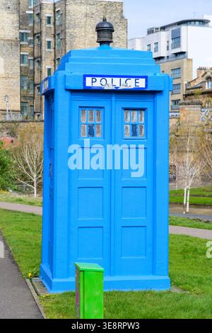 An old blue Police Call Box, London Road, Glasgow, Scotland, UK Stock Photo