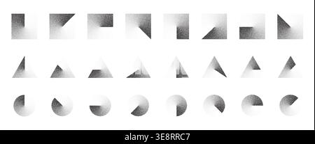 Grainy geometric shapes with grain texture, circles, squares, triangles in stippled black and white pattern. Abstract vintage dotwork vector Stock Vector