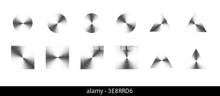 Abstract grain texture background featuring geometric circles, triangles, squares. Stippled halftone pattern with grainy noise gradient, vintage Stock Vector