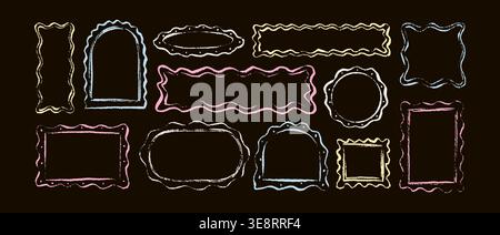 Set of pastel blue, pink, yellow chalk crayon childish frames drawing on the blackboard. Scallop curvy wiggly rectangle, circle, oval, square doodle b Stock Vector