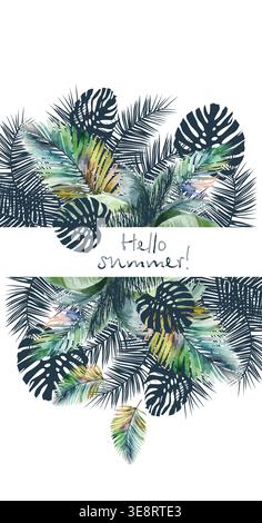 Palm leaves background for text. Hello summer. Hand drawn. Not AI, vector illustration. Stock Vector
