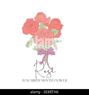 Hand drawn line art retro palette roses bouquet with text june month birth flower Stock Vector