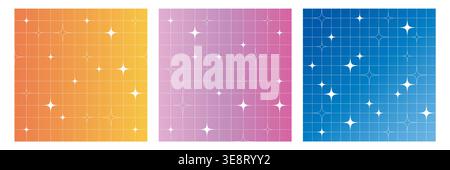 Set of Y2K style geometric patterns with abstract stars and linear grid minimal aesthetic vector design for wallpapers backgrounds and creative prints Stock Vector