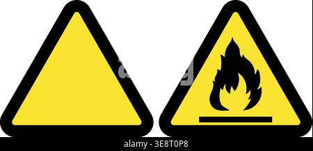 Yellow warning triangle with fire icons – hazard, danger, flammable symbol set Stock Vector
