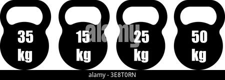 Kettlebell icons set 15kg 25kg 35kg 50kg – fitness, gym weight symbols Stock Vector