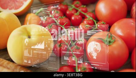 Sensor detecting ripeness, activating data UI displaying tomatoes, peaches on counter for analysis Stock Photo