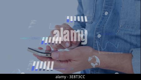 Tapping male hands navigating phone touchscreen in studio, with denim shirt and data overlays Stock Photo