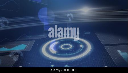 Pulsing central hologram radar interface showing concentric rings, arcs and panels on virtual grid Stock Photo
